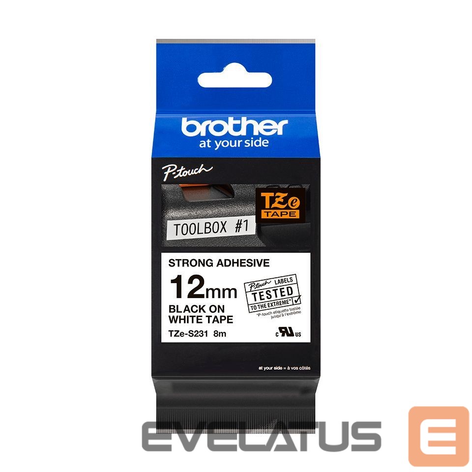 Tarvikud ja tarvikud Brother TZ-S231 Strong Adhesive Laminated Tape Black on White, TZe, 1.2 cm, 8 m