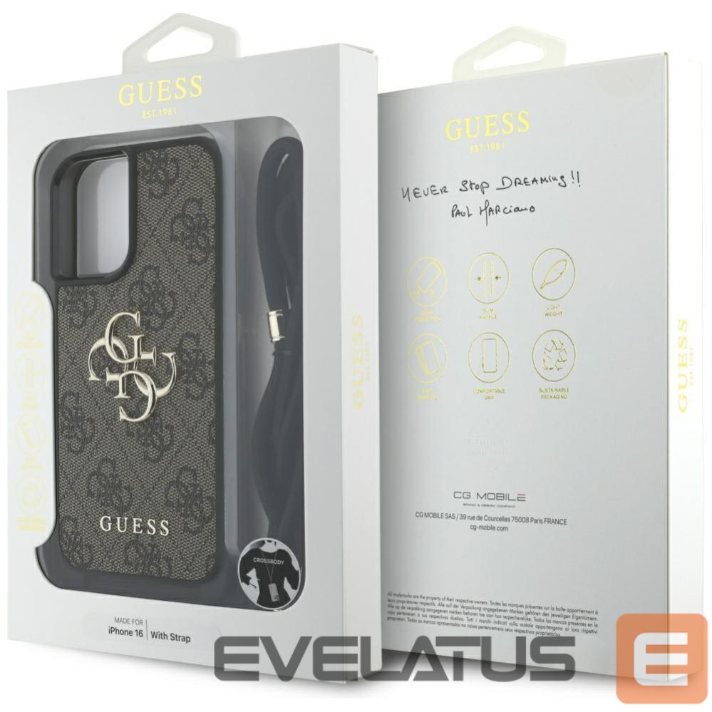 Citas preces Guess Guess 4G Big Logo Cord Stap Crossbody Case for iPhone 16 Brown