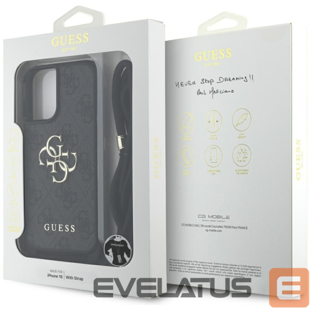 Citas preces Guess Guess 4G Big Logo Cord Stap Crossbody Case for iPhone 16 Black