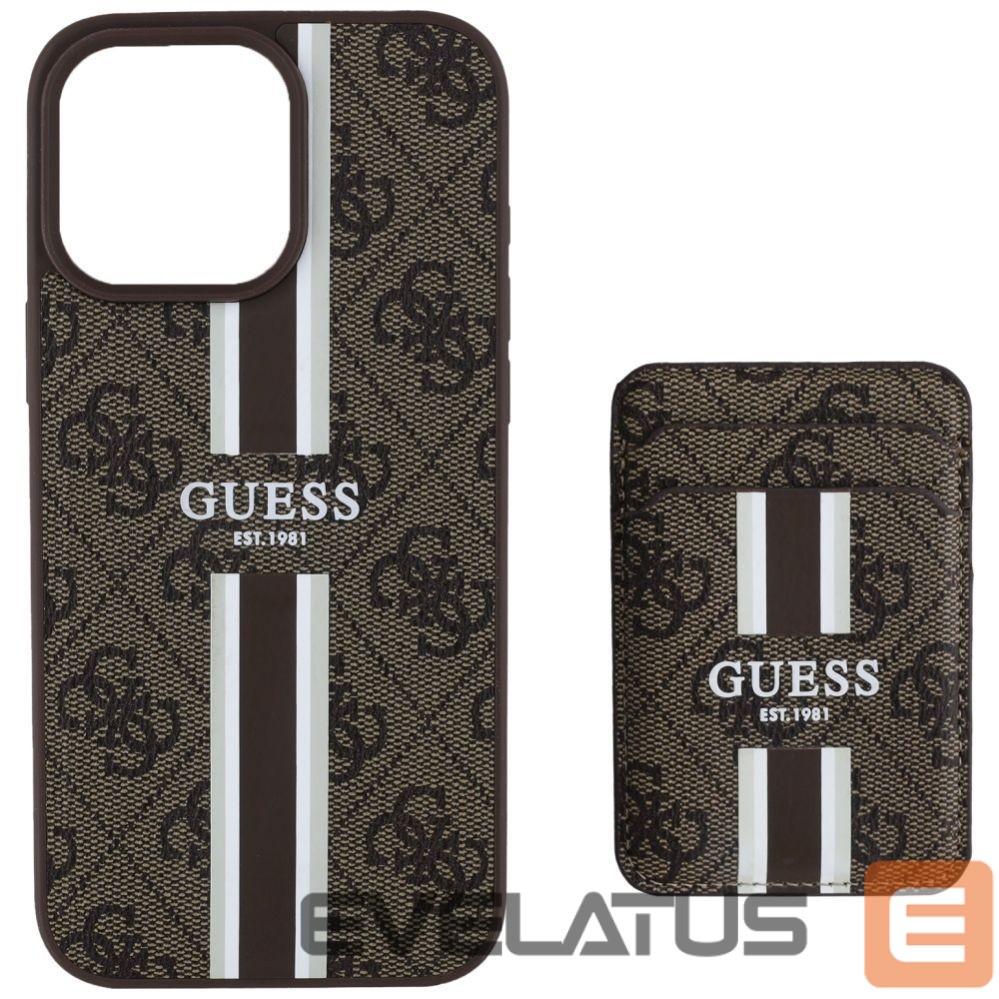 Citas preces Guess Guess 4G Stripes case with Magsafe wallet for iPhone 16 Pro Max brown