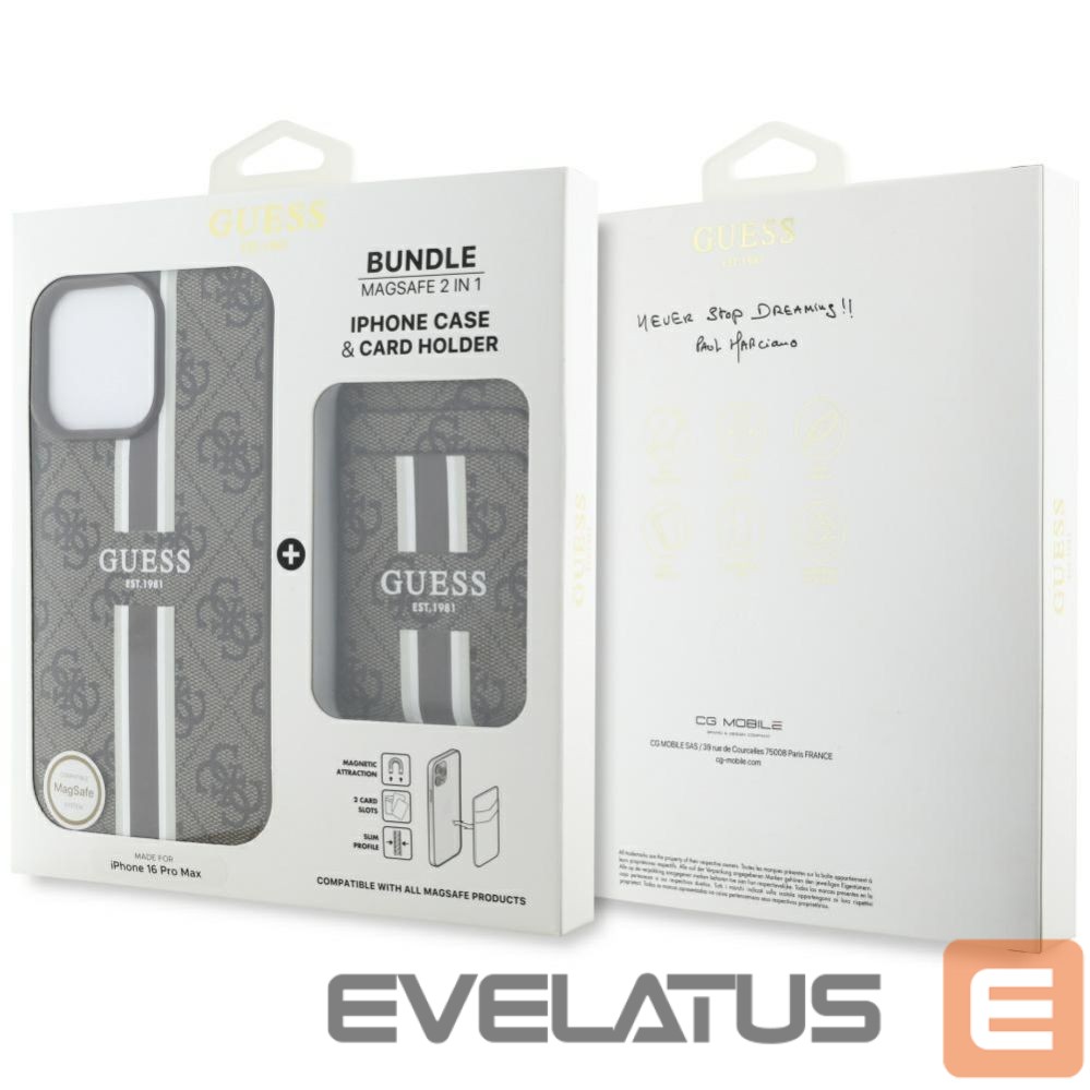 Citas preces Guess Guess 4G Stripes case with Magsafe wallet for iPhone 16 Pro Max brown