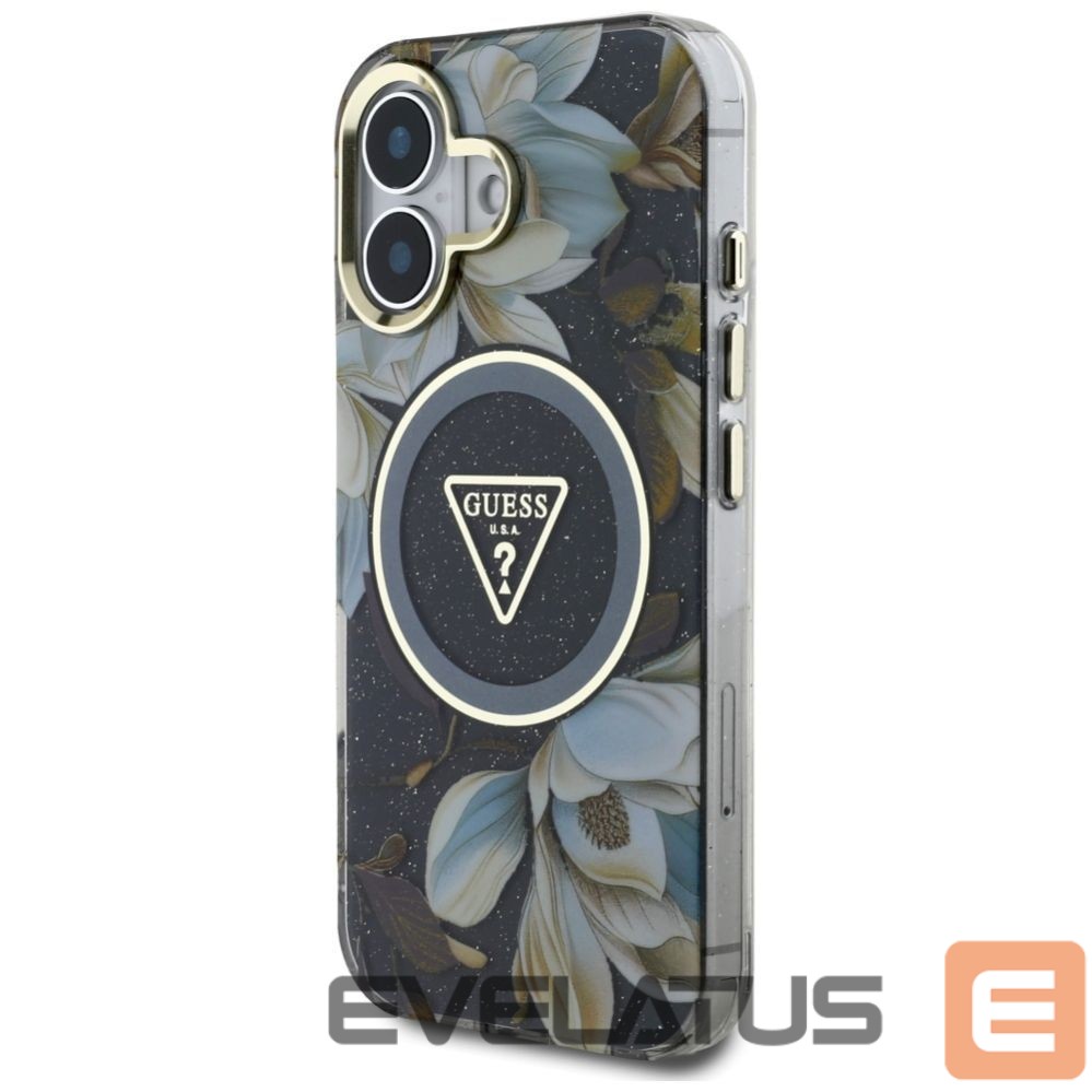 Citas preces Guess Guess Glitter Flowers Triangle Buttons MagSafe case for iPhone 16 black