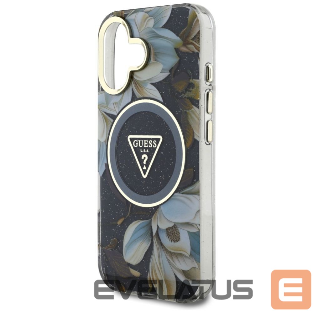 Citas preces Guess Guess Glitter Flowers Triangle Buttons MagSafe case for iPhone 16 black