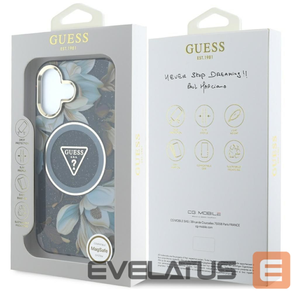 Citas preces Guess Guess Glitter Flowers Triangle Buttons MagSafe case for iPhone 16 black