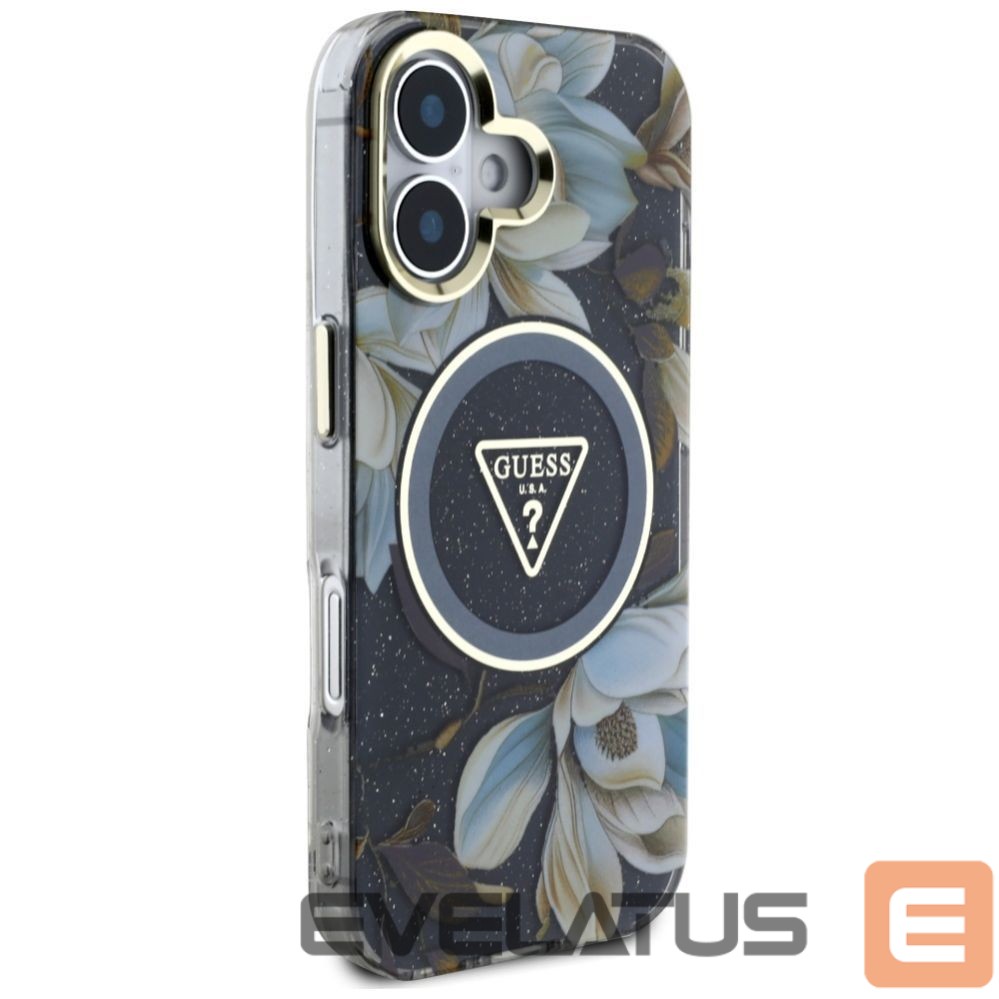 Citas preces Guess Guess Glitter Flowers Triangle Buttons MagSafe case for iPhone 16 black