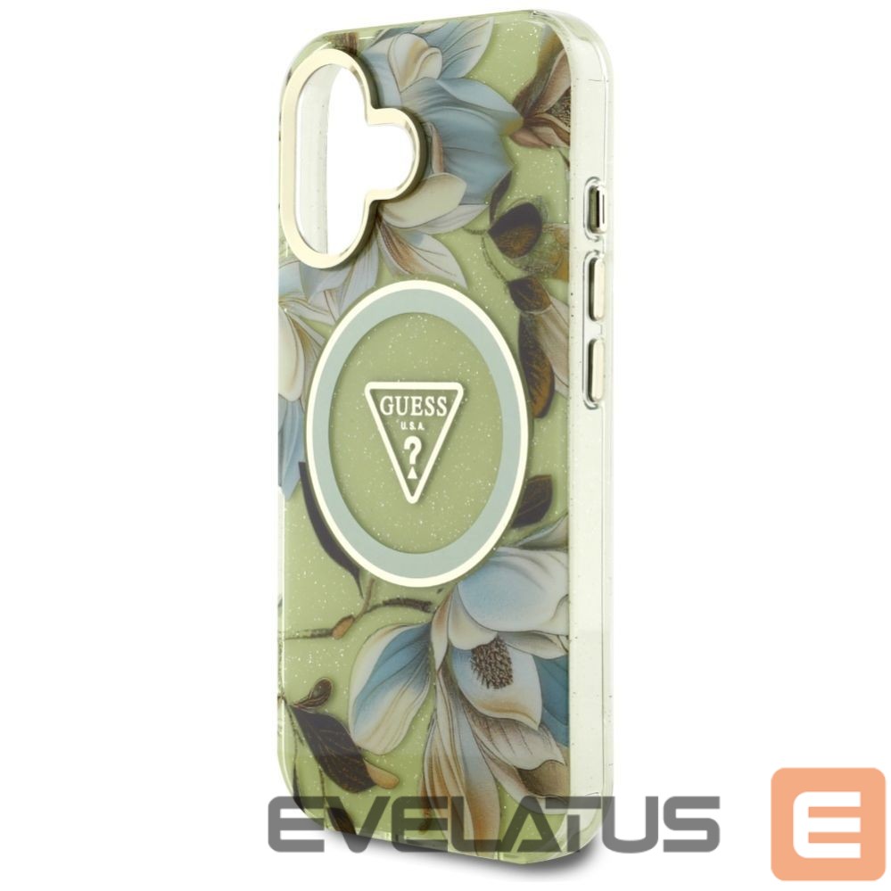 Citas preces Guess Guess Glitter Flowers Triangle Buttons MagSafe case for iPhone 16 green