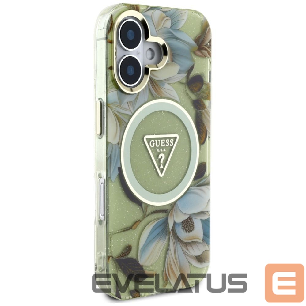 Citas preces Guess Guess Glitter Flowers Triangle Buttons MagSafe case for iPhone 16 green