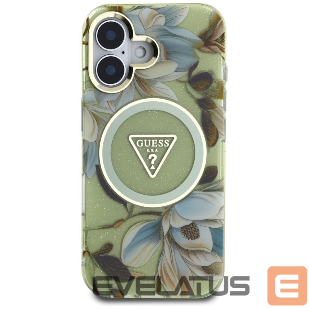 Citas preces Guess Guess Glitter Flowers Triangle Buttons MagSafe case for iPhone 16 green