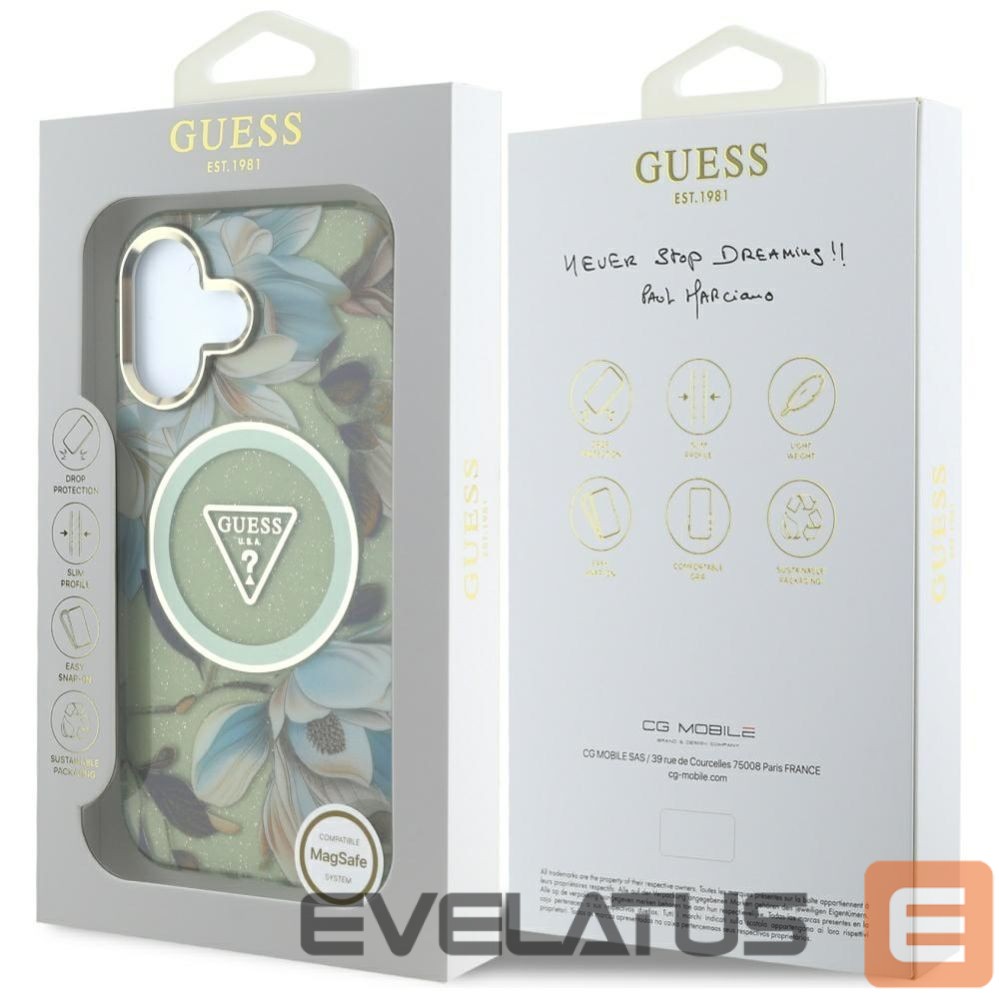 Citas preces Guess Guess Glitter Flowers Triangle Buttons MagSafe case for iPhone 16 green