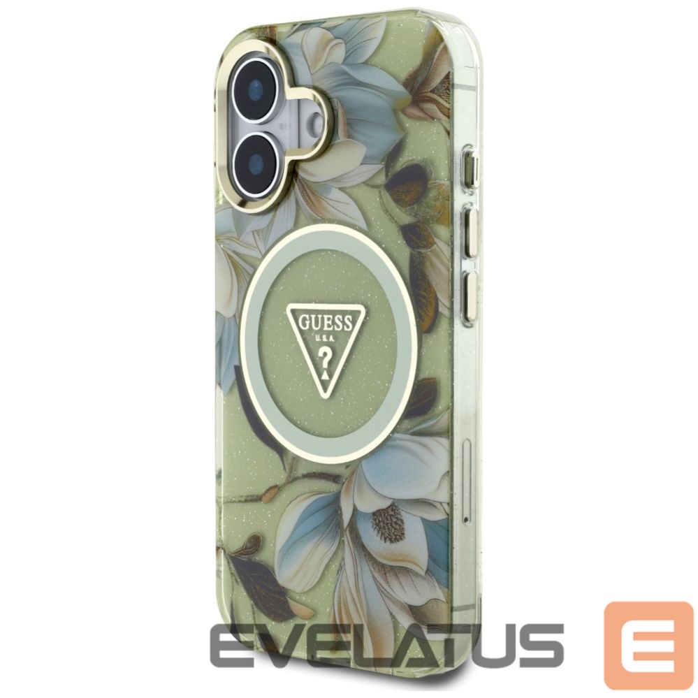 Citas preces Guess Guess Glitter Flowers Triangle Buttons MagSafe case for iPhone 16 green