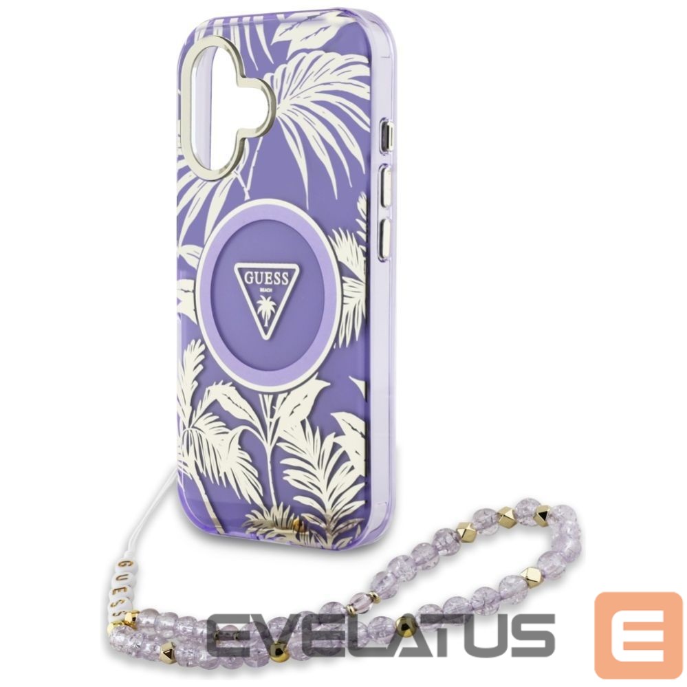 Citas preces Guess Guess Palm Trees Triangle Pearl Strap MagSafe case for iPhone 16 purple
