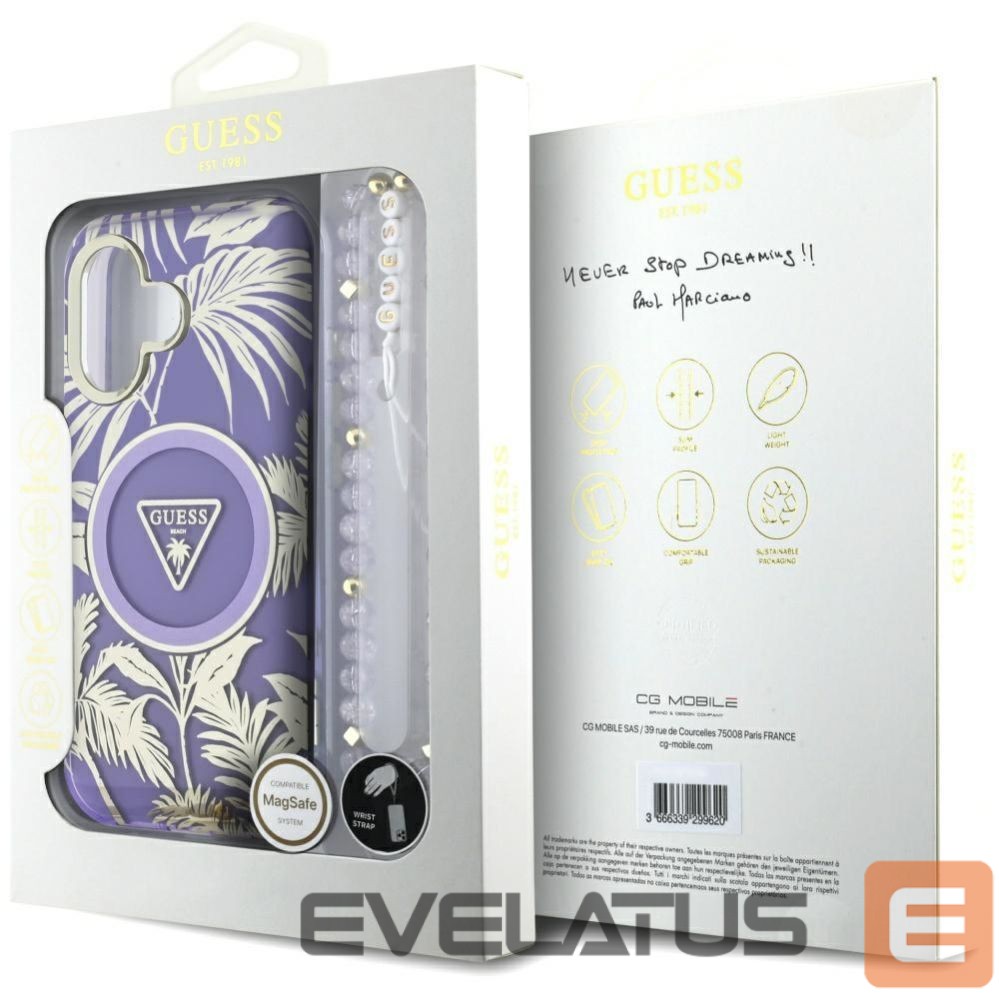 Citas preces Guess Guess Palm Trees Triangle Pearl Strap MagSafe case for iPhone 16 purple