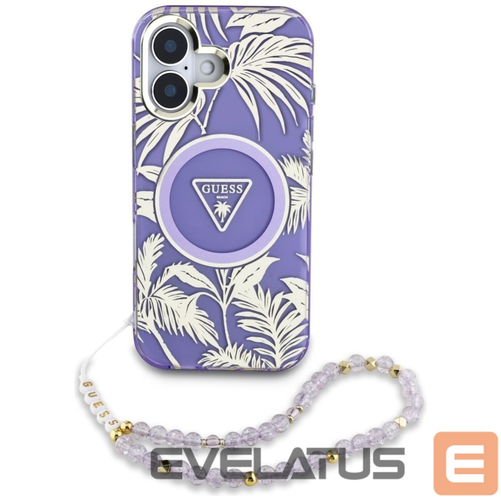 Citas preces Guess Guess Palm Trees Triangle Pearl Strap MagSafe case for iPhone 16 purple