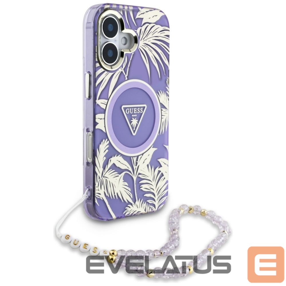 Citas preces Guess Guess Palm Trees Triangle Pearl Strap MagSafe case for iPhone 16 purple