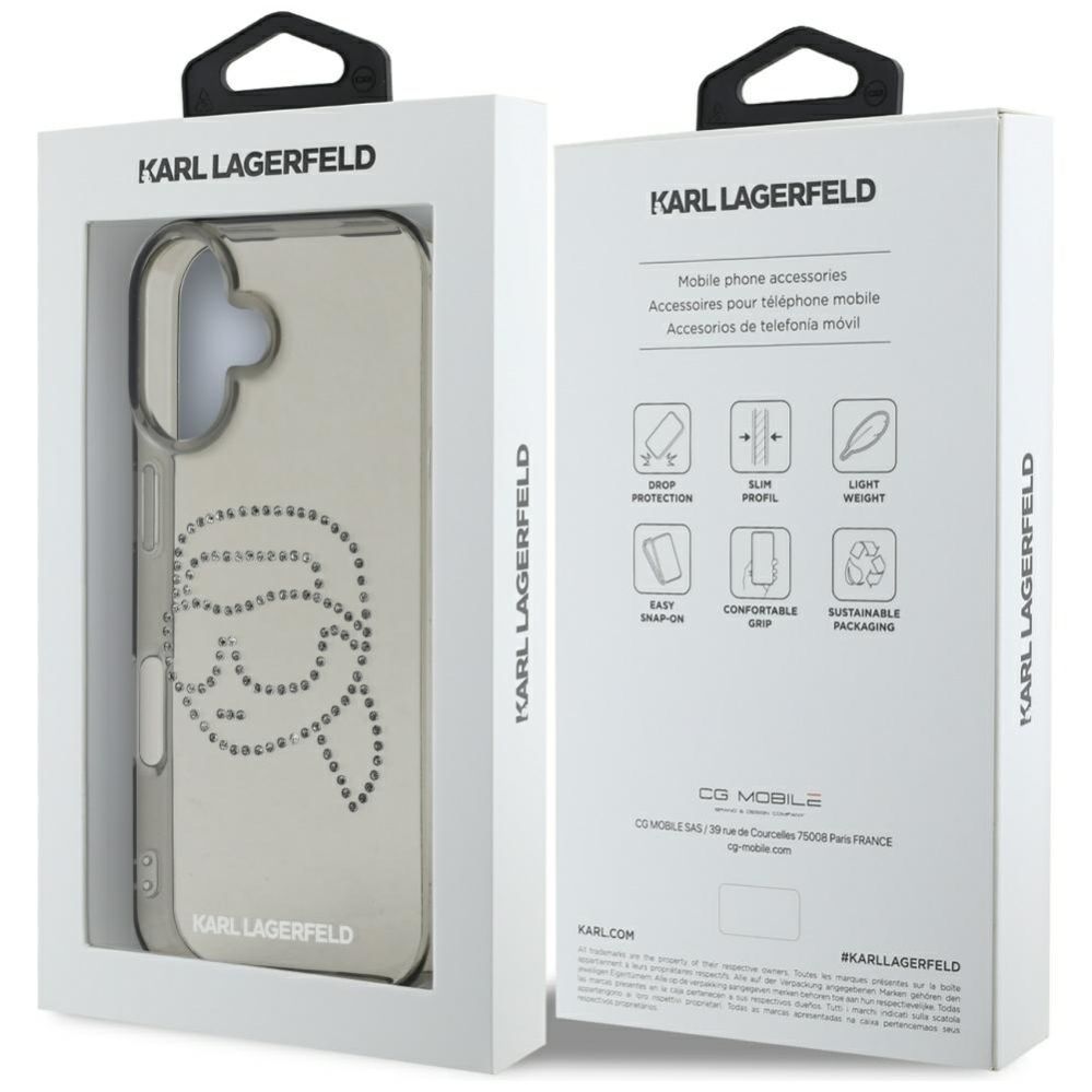 Citas preces Karl Lagerfeld Karl Lagerfeld IML Rhinestones Karl Head Case for iPhone 16 Black