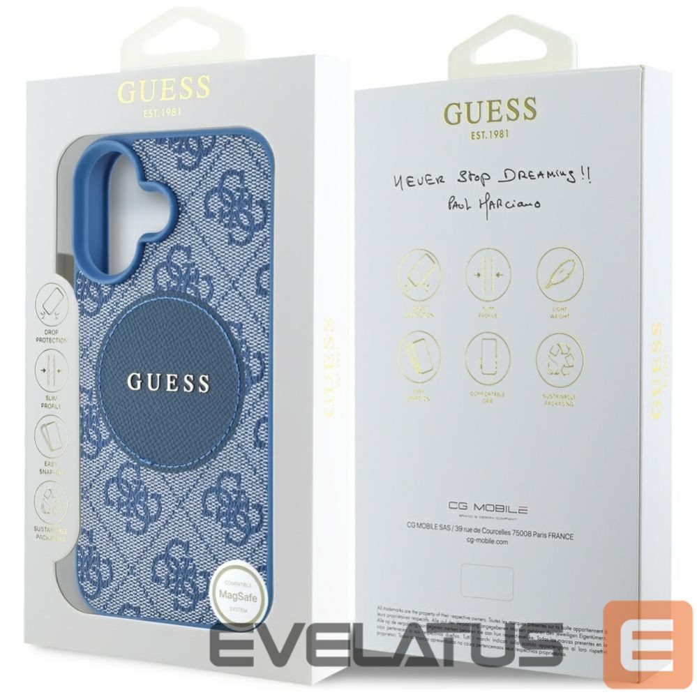 Citas preces Guess Guess 4G Circle Classic Logo MagSafe case for iPhone 16 - blue