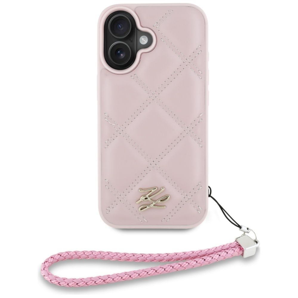 Citas preces Karl Lagerfeld Karl Lagerfeld Quilted Initial Logo & Chain Strap iPhone 16 Case - Pink