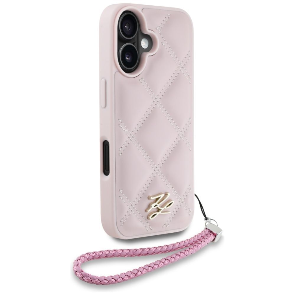 Citas preces Karl Lagerfeld Karl Lagerfeld Quilted Initial Logo & Chain Strap iPhone 16 Case - Pink