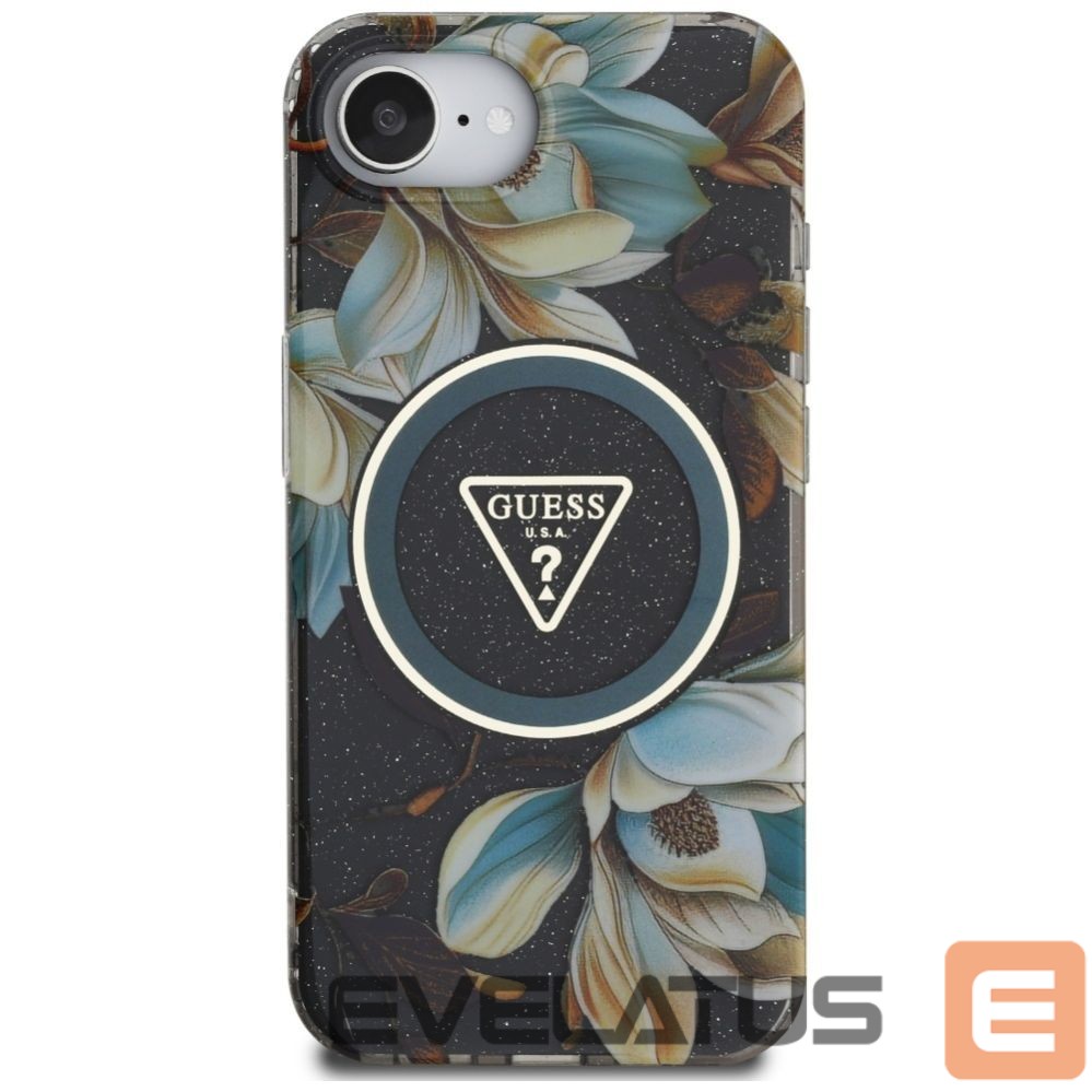 Citas preces Guess Guess IML Metal Glitter Flowers Triangle MagSafe case for iPhone 16e - black
