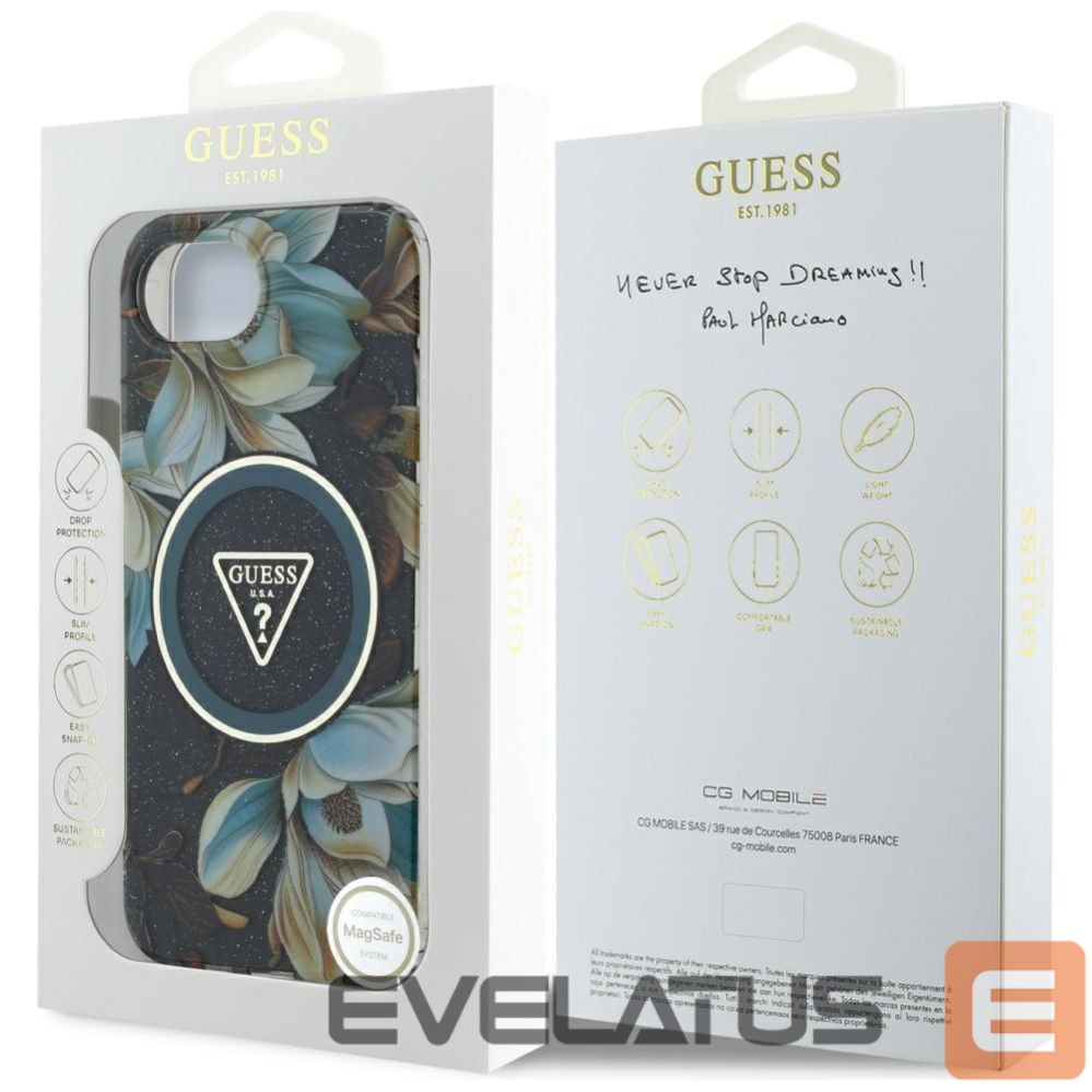 Citas preces Guess Guess IML Metal Glitter Flowers Triangle MagSafe case for iPhone 16e - black