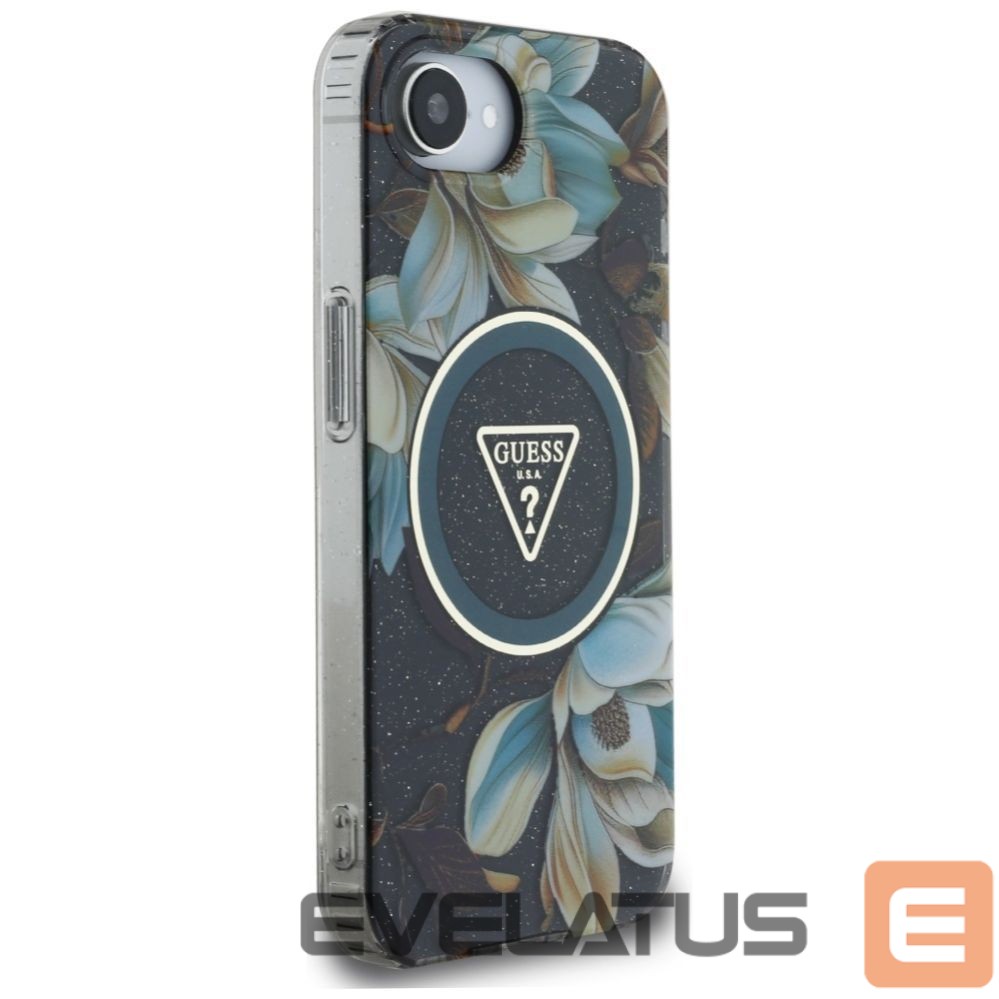 Citas preces Guess Guess IML Metal Glitter Flowers Triangle MagSafe case for iPhone 16e - black
