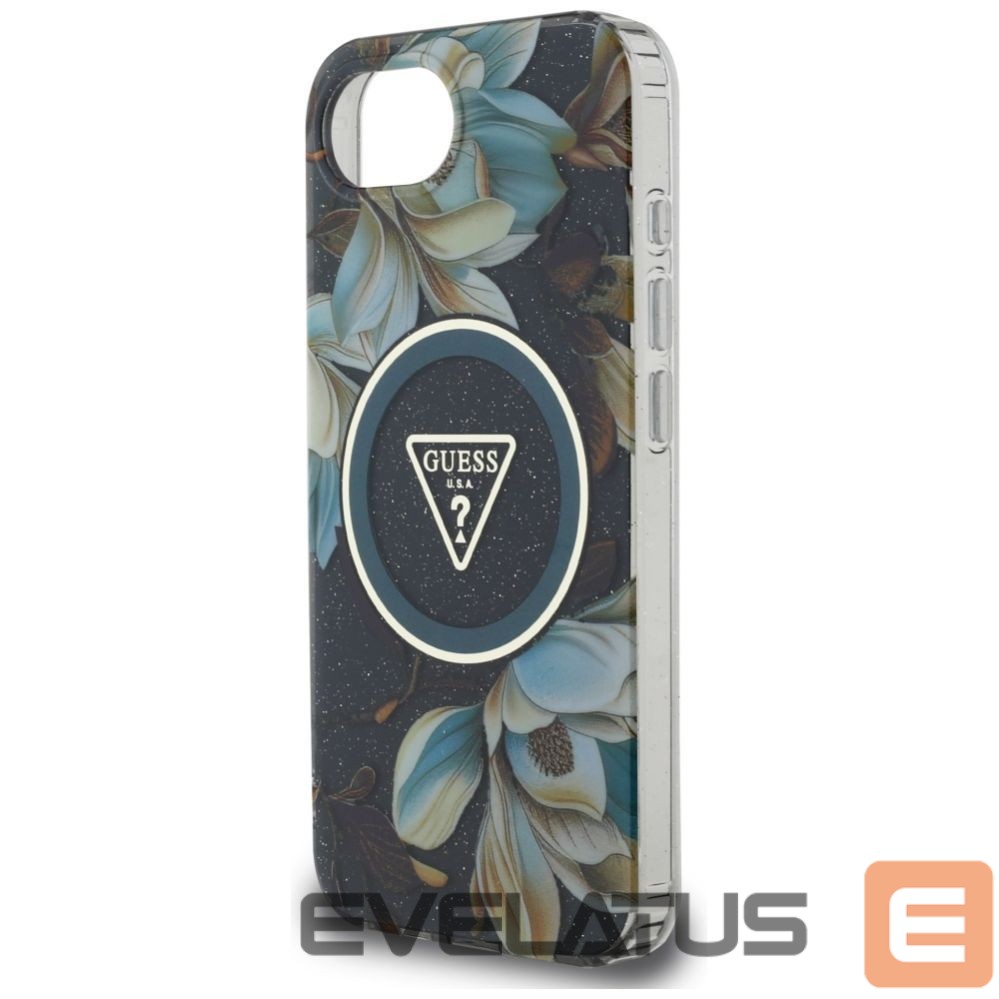 Citas preces Guess Guess IML Metal Glitter Flowers Triangle MagSafe case for iPhone 16e - black