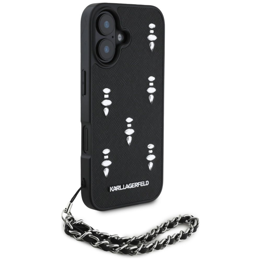 Citas preces Karl Lagerfeld Karl Lagerfeld Saffiano Crystals w/Chain iPhone 16 Case - Black