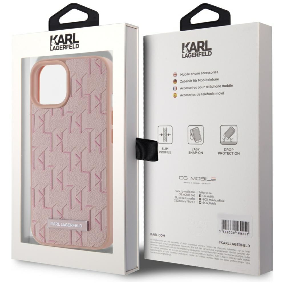 Citas preces Karl Lagerfeld Karl Lagerfeld Leather Monogram Metal Logo MagSafe iPhone 15 Case - Pink