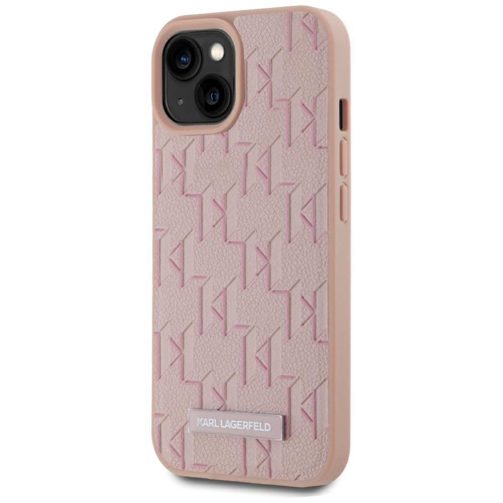 Citas preces Karl Lagerfeld Karl Lagerfeld Leather Monogram Metal Logo MagSafe iPhone 15 Case - Pink