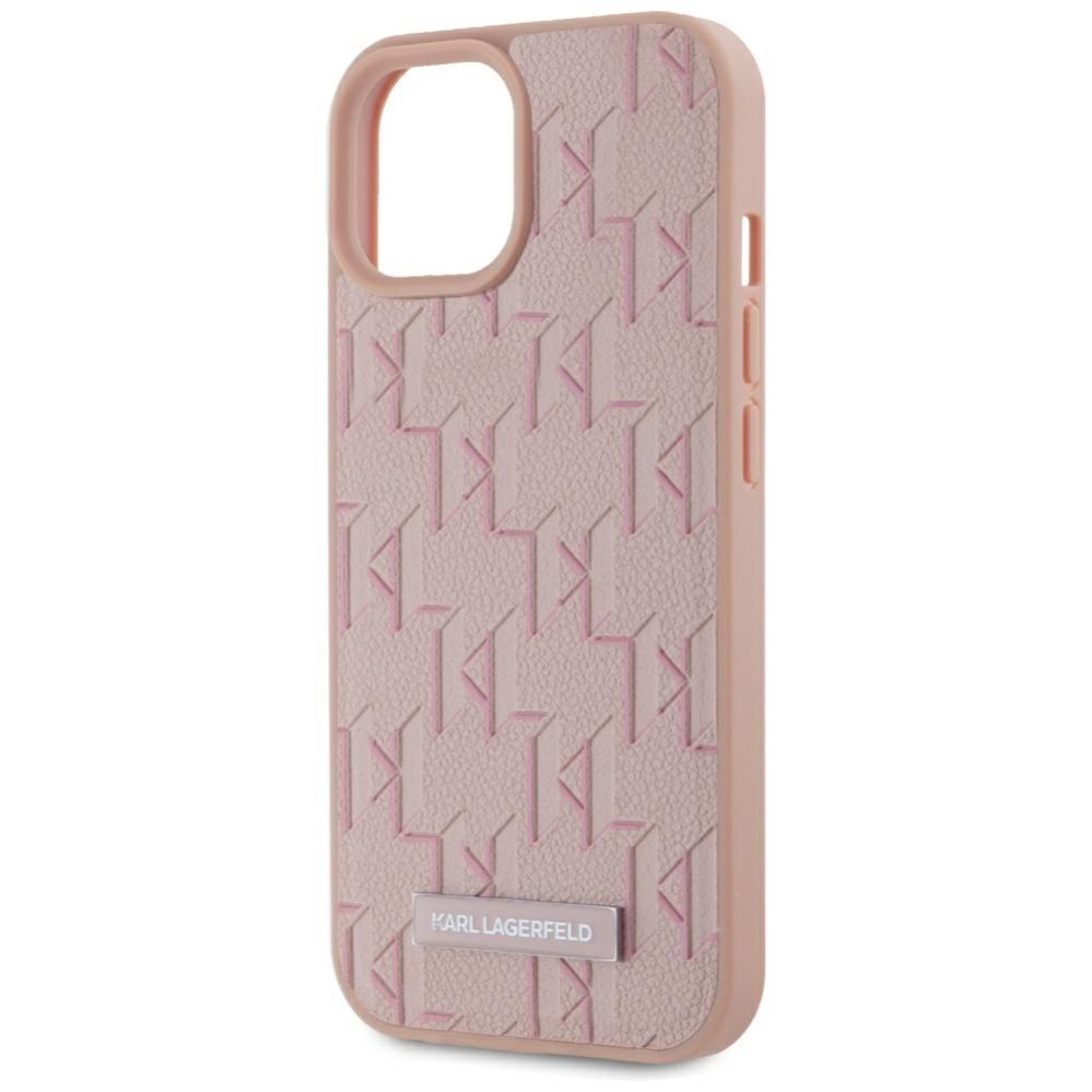 Citas preces Karl Lagerfeld Karl Lagerfeld Leather Monogram Metal Logo MagSafe iPhone 15 Case - Pink
