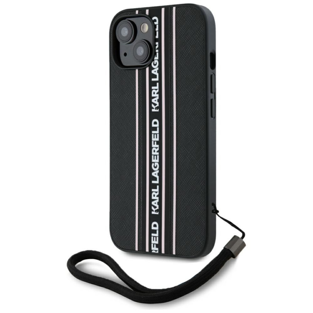 Citas preces Karl Lagerfeld Karl Lagerfeld Saffiano Athleisure Stripes Cord iPhone 15 Case - Pink