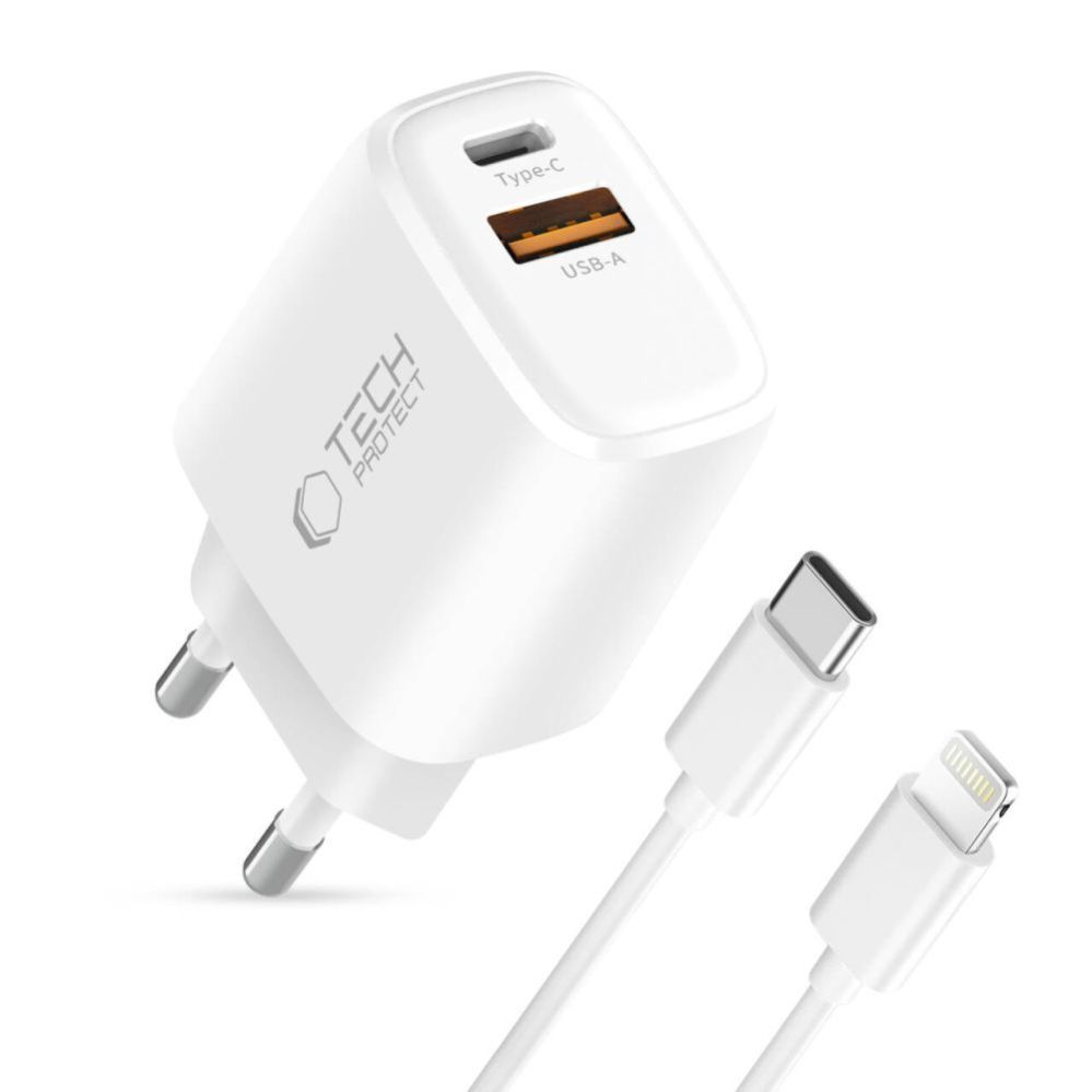 Muud kaubad Tech-Protect Tech-Protect NCA20 PD 20W QC3.0 USB-A / USB-C Wall Charger + USB-C / Lightning Cable 100cm - White