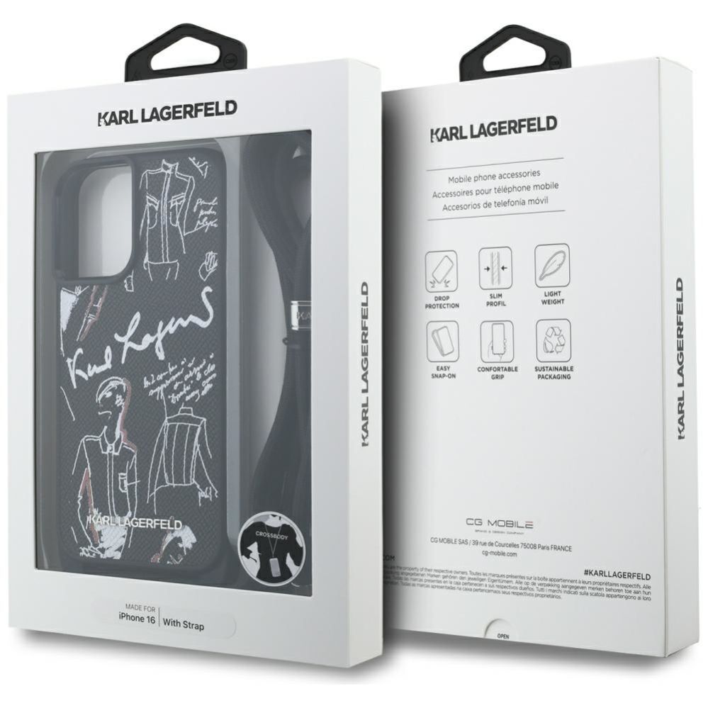 Citas preces Karl Lagerfeld Karl Lagerfeld Crossbody Grained Pattern & Logo Case for iPhone 16 - Black