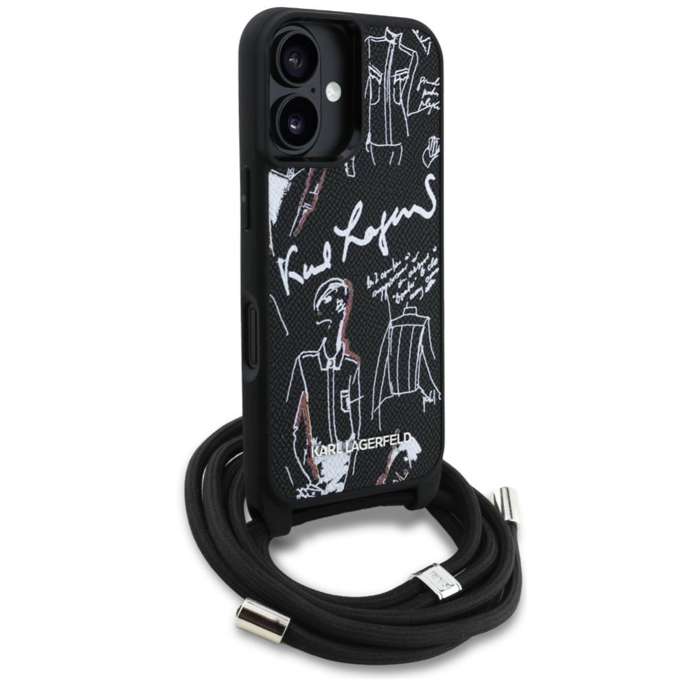 Citas preces Karl Lagerfeld Karl Lagerfeld Crossbody Grained Pattern & Logo Case for iPhone 16 - Black