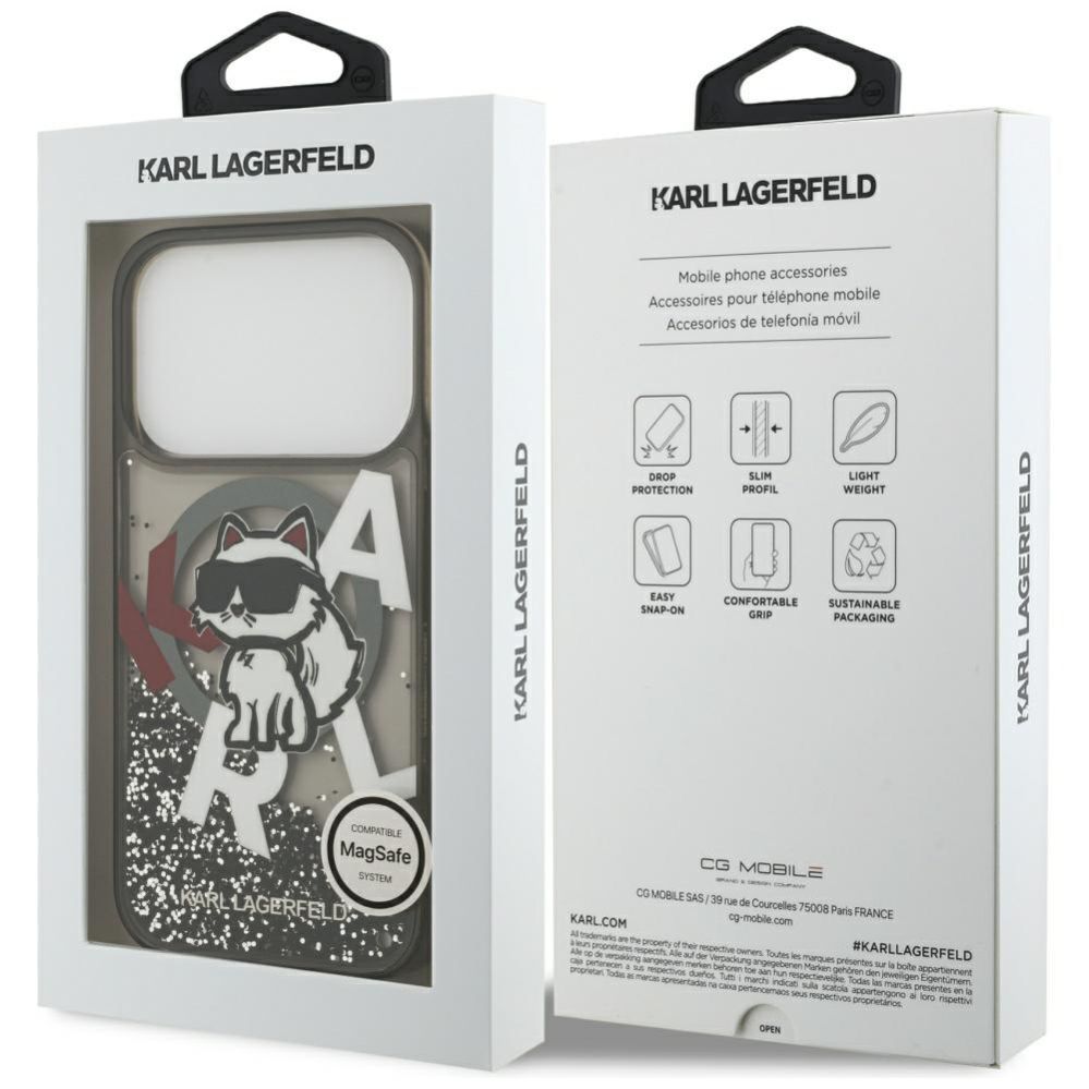 Citas preces Karl Lagerfeld Karl Lagerfeld Liquid Glitter Choupette Logo MagSafe Case for iPhone 17 Pro - Black