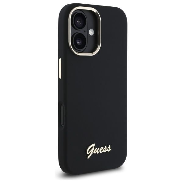 Citas preces Guess Guess Silicone Script Metal Logo & Frame Case for iPhone 16 Plus - Black