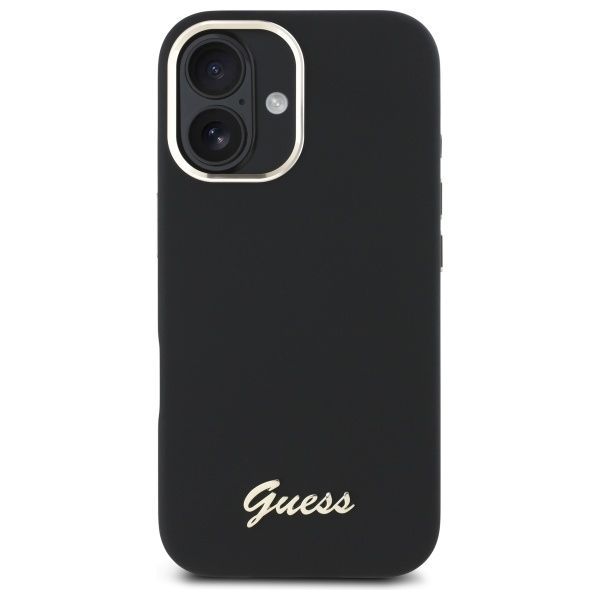 Citas preces Guess Guess Silicone Script Metal Logo & Frame Case for iPhone 16 Plus - Black