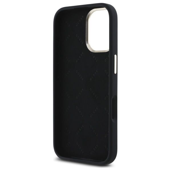 Citas preces Guess Guess Silicone Script Metal Logo & Frame Case for iPhone 16 Plus - Black
