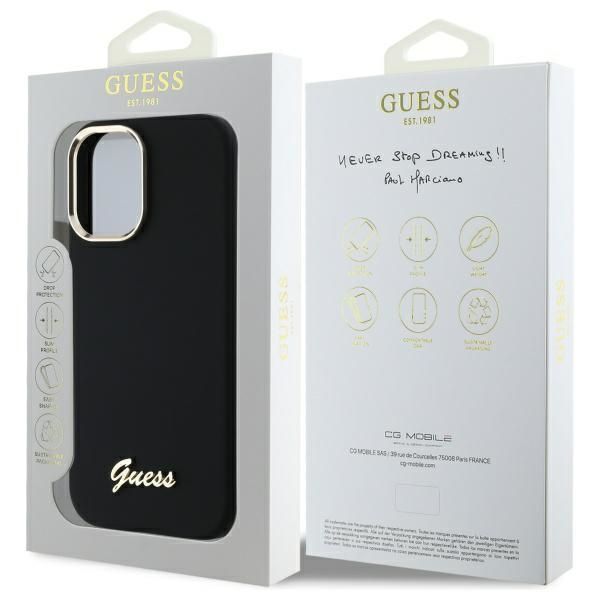 Citas preces Guess Guess Silicone Script Metal Logo & Frame Case for iPhone 16 Plus - Black