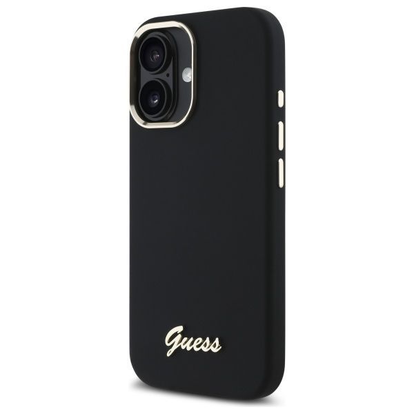 Citas preces Guess Guess Silicone Script Metal Logo & Frame Case for iPhone 16 Plus - Black