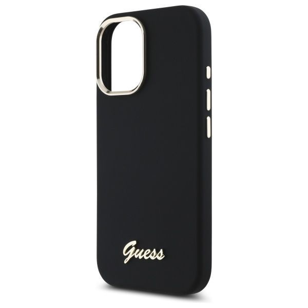 Citas preces Guess Guess Silicone Script Metal Logo & Frame Case for iPhone 16 Plus - Black