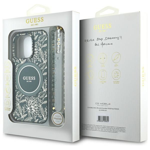 Citas preces Guess Guess IML Flowers Allover Electro With Pearl Strap MagSafe case for iPhone 16 Pro Max - green