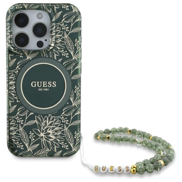 Citas preces Guess Guess IML Flowers Allover Electro With Pearl Strap MagSafe case for iPhone 16 Pro Max - green