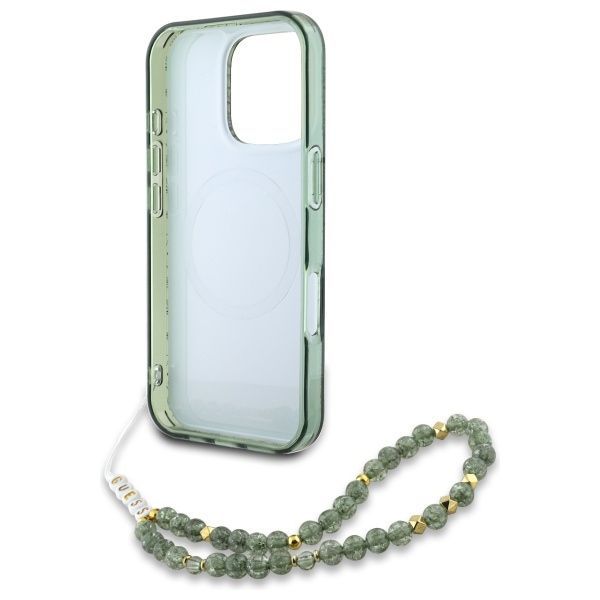 Citas preces Guess Guess IML Flowers Allover Electro With Pearl Strap MagSafe case for iPhone 16 Pro Max - green