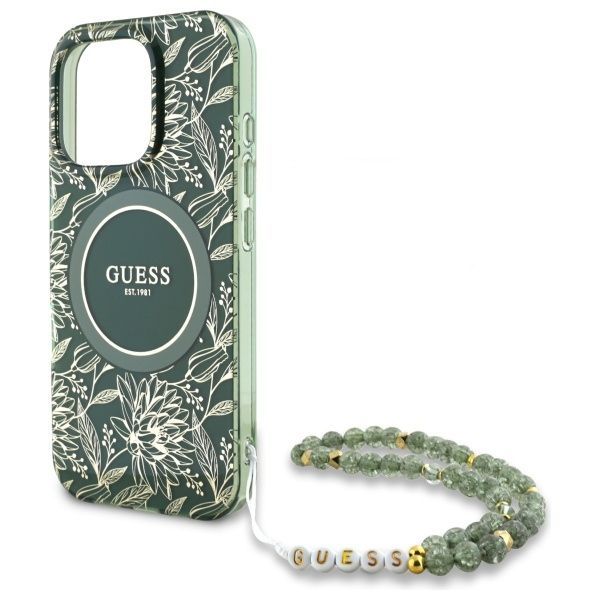 Citas preces Guess Guess IML Flowers Allover Electro With Pearl Strap MagSafe case for iPhone 16 Pro Max - green