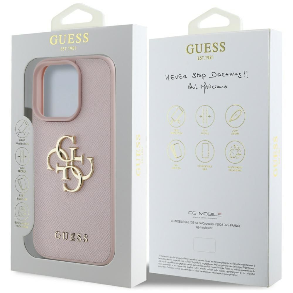 Citas preces Guess Guess Grained Big 4G Logo Small Classic Logo Case for iPhone 16 Pro - Pink