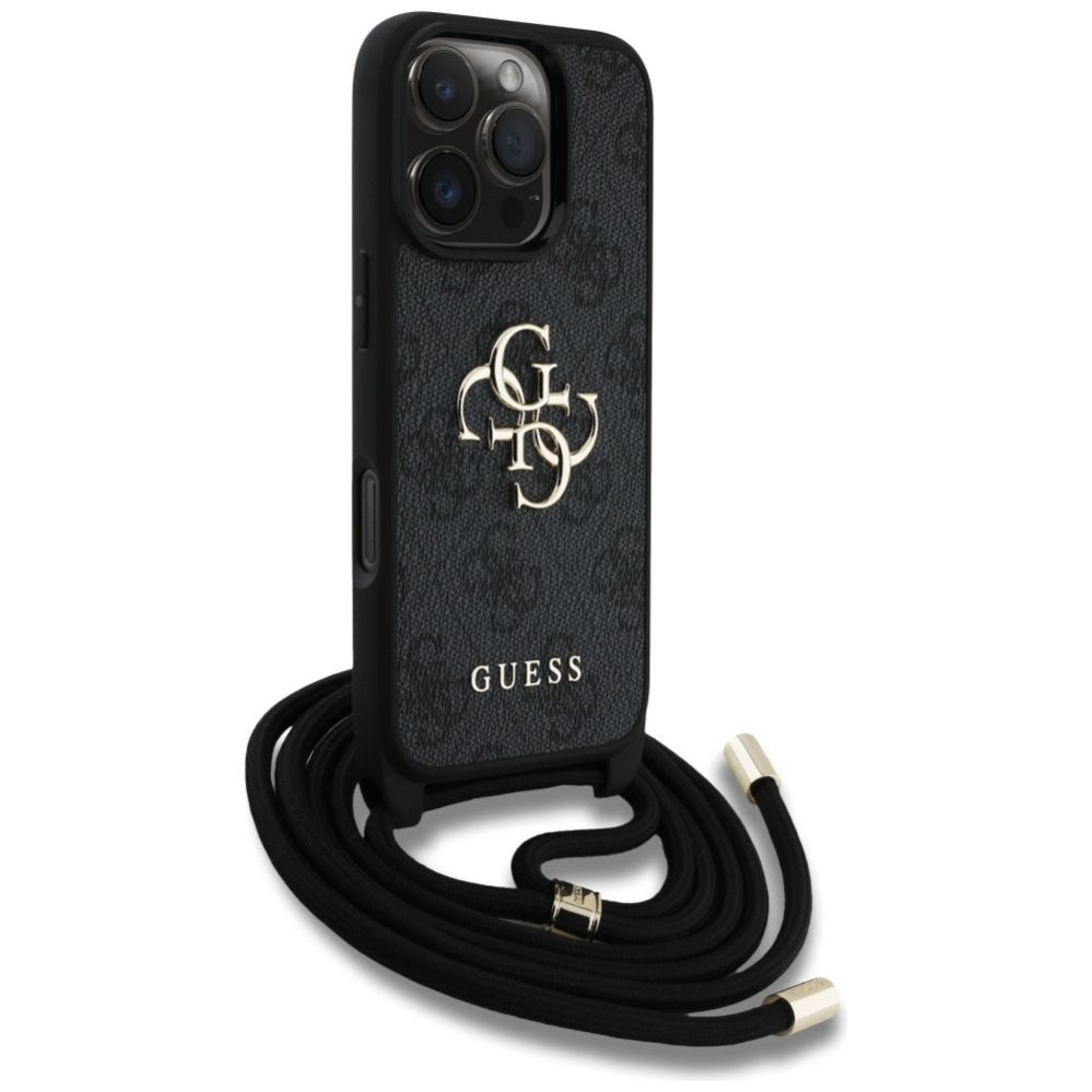 Citas preces Guess Guess 4G Big Logo Cord Stap Crossbody Case for iPhone 16 Pro Black