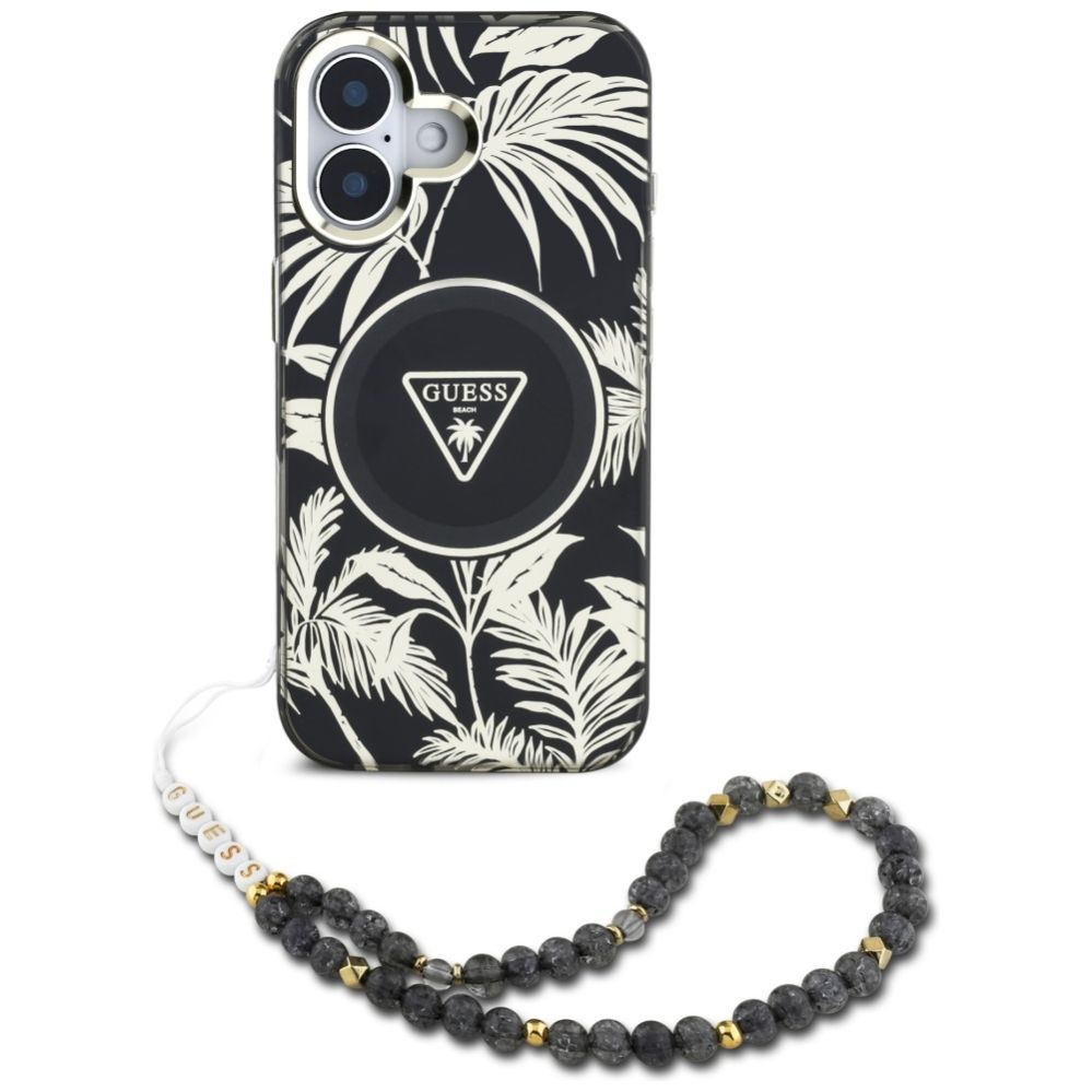 Citas preces Guess Guess Palm Trees Triangle Pearl Strap MagSafe case for iPhone 16 black