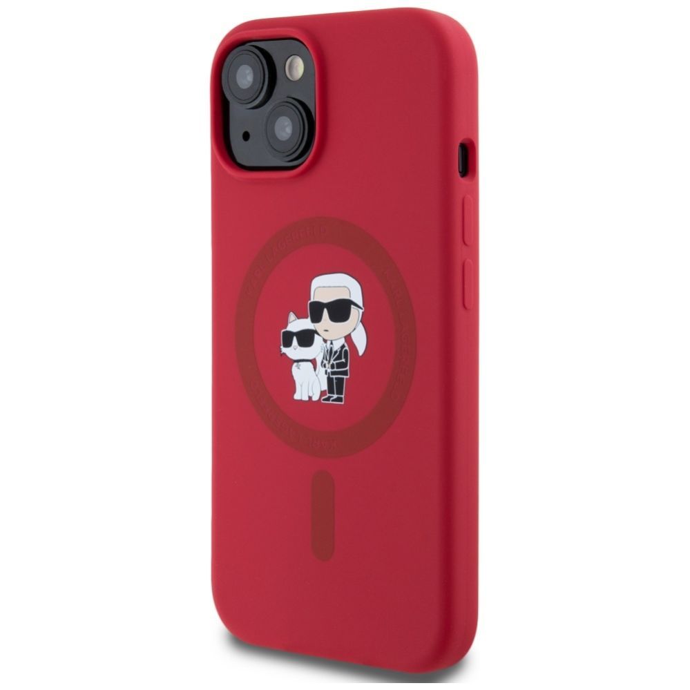 Citas preces Karl Lagerfeld Karl Lagerfeld Silicone Karl&Choupette Heads Ring MagSafe iPhone 15 Case - Red