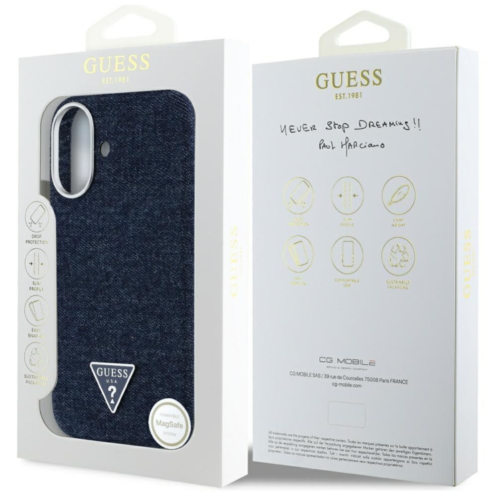 Citas preces Guess Guess Denim Triangle Logo MagSafe iPhone 16 Case - Blue